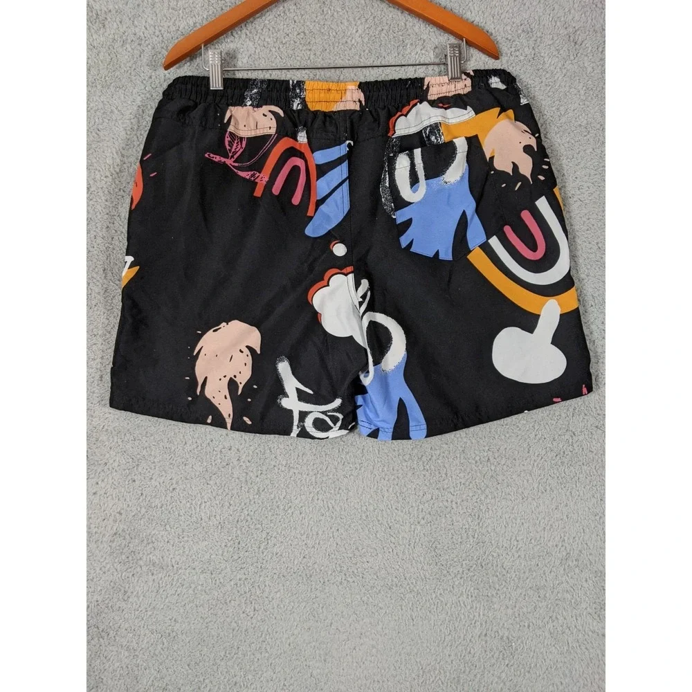 No Boundaries Swim Trunks Mens L Black Abstract Graffiti Graphic Drawstring